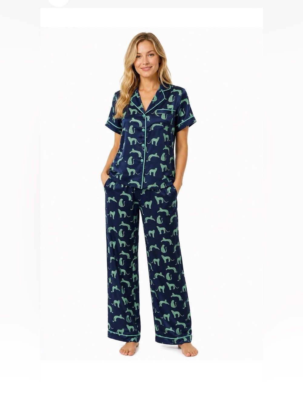 LK NW Mary Square Big Cats Navy Satin Pajama Set Green Leopard Print Sz S